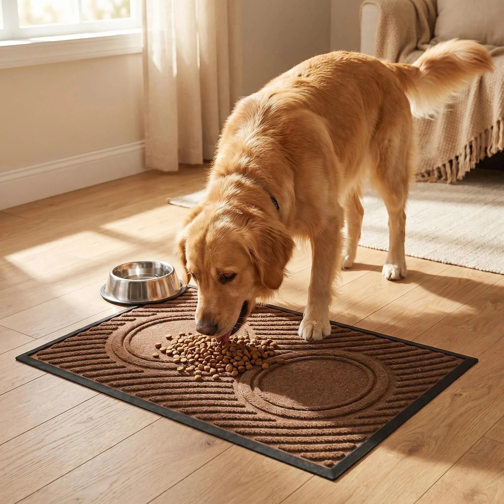 Hearthmat door mat in entryway with wooden door, plant and slippers