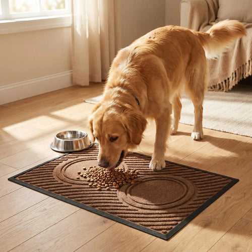 Hearthmat door mat in entryway with wooden door, plant and slippers